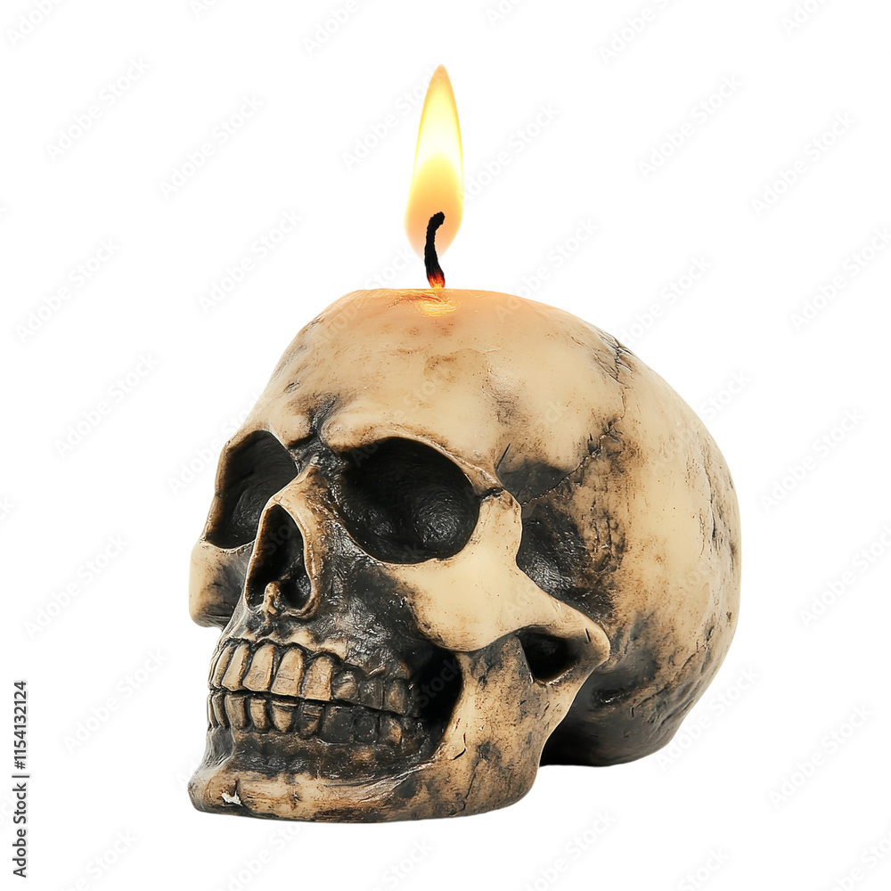 Skull with a Candle Burning on Top of It Isolated on White Background Skull with a Candle Burning on Top of It Isolated on White Background