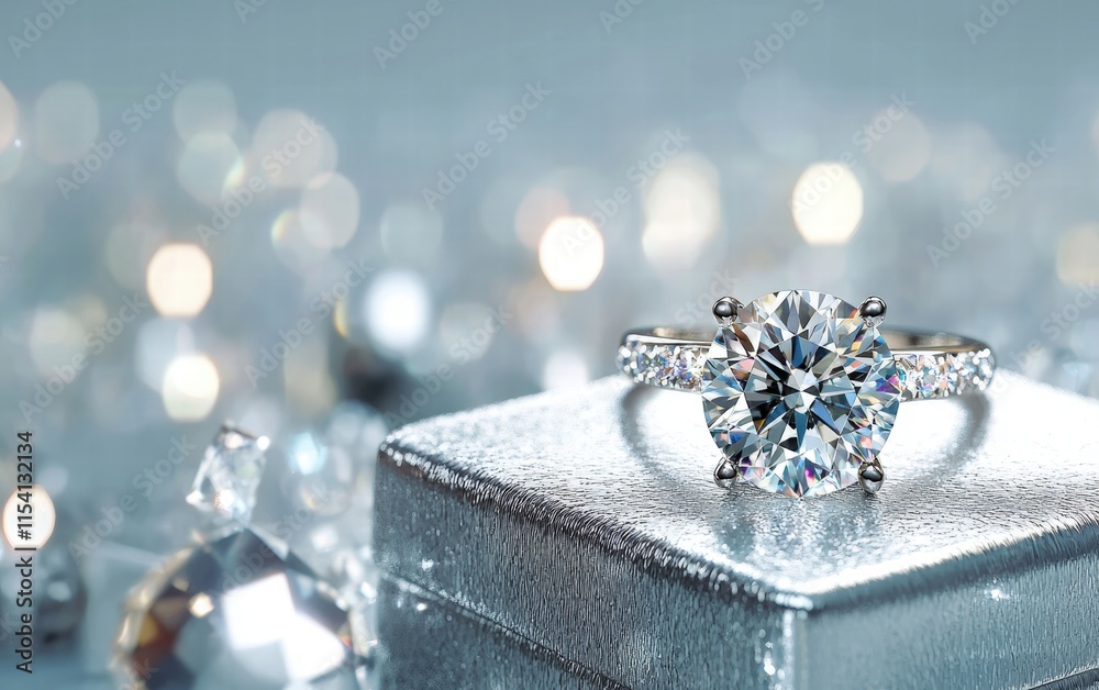 Sparkling jewelry box with a diamond ring for Valentines Day on a silver background Sparkling jewelry box with a diamond ring for Valentines Day on a silver background
