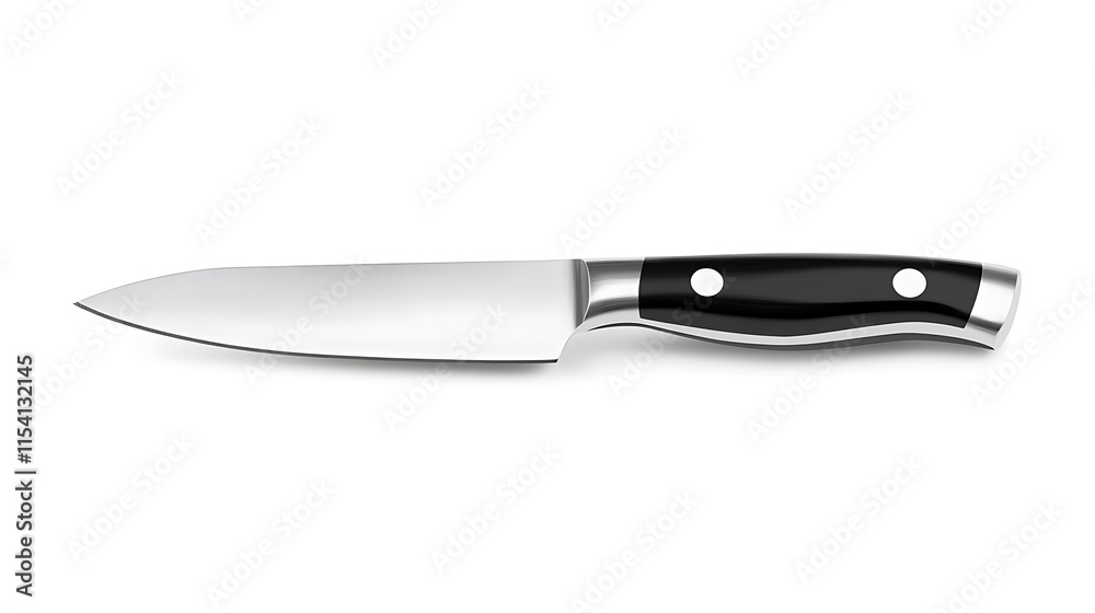 Sharp stainless steel paring knife with black handle isolated on white background.