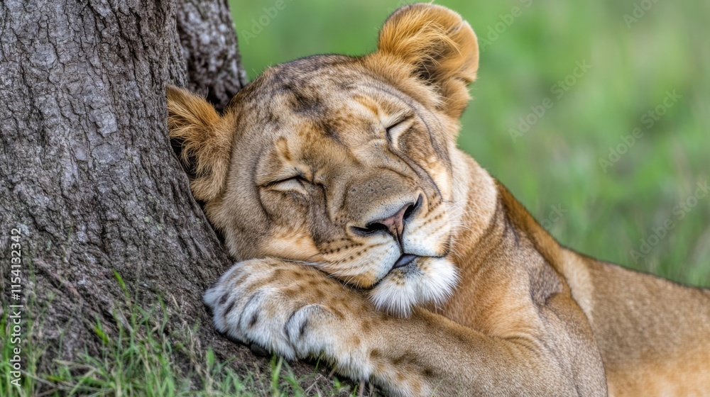 Naklejka premium Peaceful Lioness Resting Against a Tree Trunk in a Serene Natural Setting Surrounded by Lush Green Grass on a Warm Sunny Day in the Wilderness