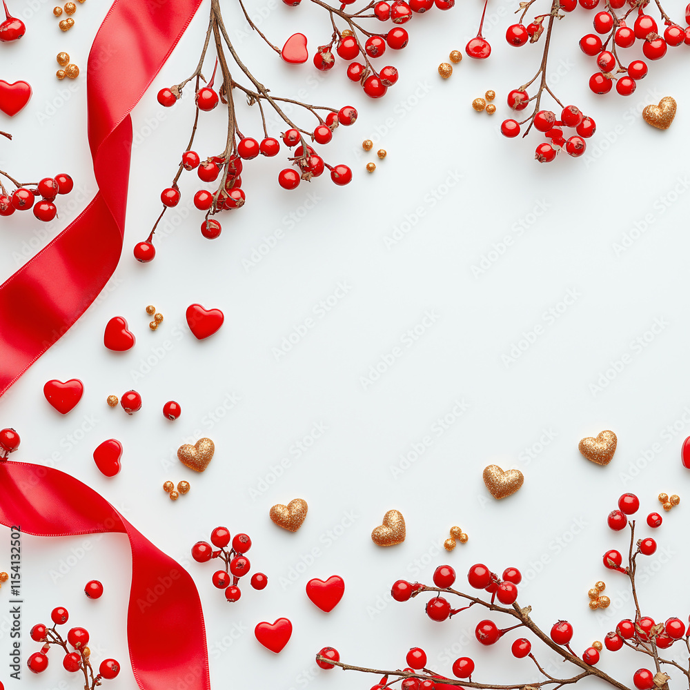Premium festive still life, scarlet ribbon flowing, gold foiled heart chocolates, red winterberries arrangement, pure white background. Premium festive still life, scarlet ribbon flowing, gold foiled heart chocolates, red winterberries arrangement, pure white background.