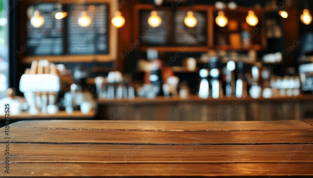 Rustic Wooden Table Top in a Cozy Café Setting with Blurred Background and Warm Lights Rustic Wooden Table Top in a Cozy Café Setting with Blurred Background and Warm Lights