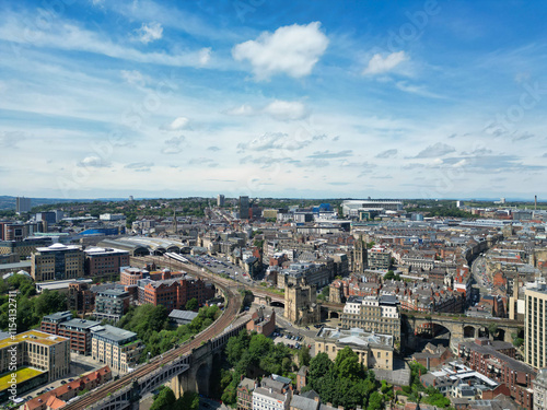 Central Newcastle City from River Tyne at Northern England United Kingdom. July 19th, 2024, High Angle Drone's Camera Footage Was Captured from Medium High Altitude.