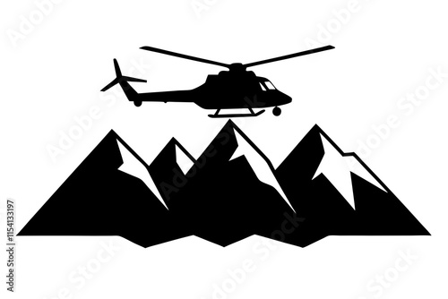 A helicopter flying above mountains