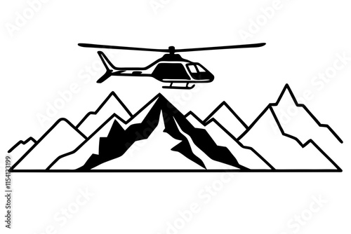 A helicopter flying above mountains, flat vector art silhouette illustration on white background