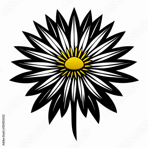 White Aster with Yellow Center and Thin Petals - Black Silhouette on White Background