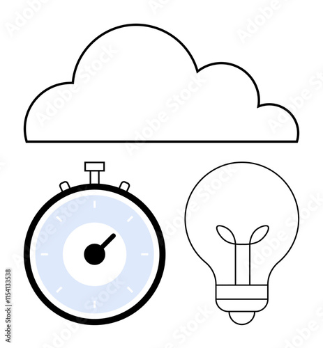 Cloud stopwatch and light bulb symbolize innovation technology time management, efficiency, and creativity. Ideal for tech, productivity, brainstorming, time tracking, innovation, efficiency