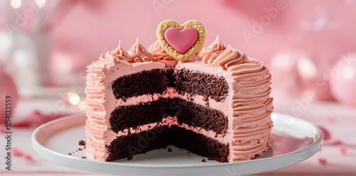 A slice of chocolate cake with pink frosting and a heart-shaped decoration on top.