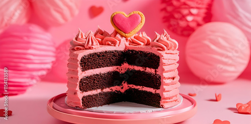 A pink-themed cake with heart decoration and layers, perfect for celebrations.