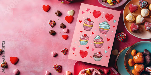A festive arrangement featuring cupcakes, hearts, and chocolates, perfect for celebrations.