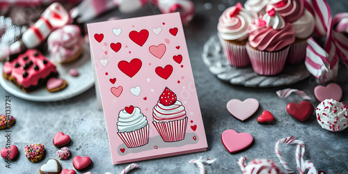 A festive arrangement of cupcakes, candies, and a greeting card adorned with hearts.