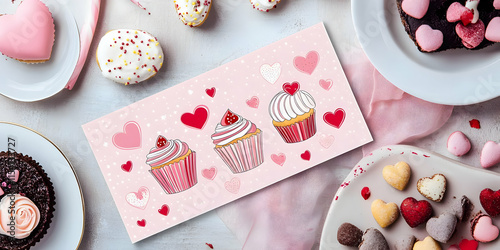 A festive display of cupcakes and heart-themed treats for a celebration.