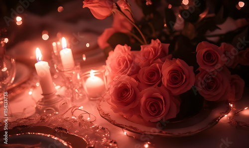 A romantic table setting with roses, candles, and soft lighting for a cozy atmosphere.