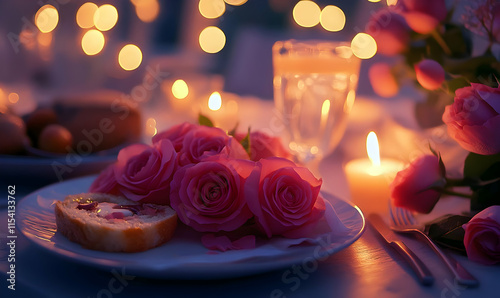 A romantic dinner setting with pink roses, soft lighting, and a slice of bread on a plate.