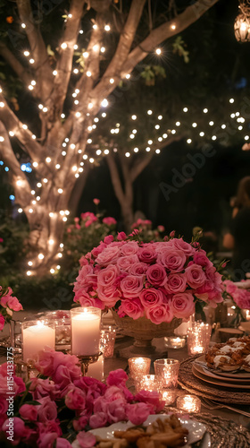 A beautifully arranged outdoor dining setup with pink roses, candles, and twinkling lights.