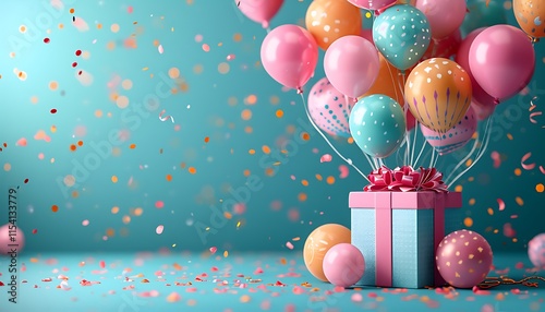 A pastel pink gift box tied with a ribbon, surrounded by vibrant balloons and colorful confetti. A festive scene perfect for joyful celebrations.