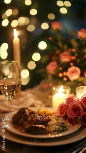 A romantic dinner setting with a candlelit table, flowers, and gourmet food.