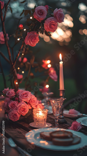 A romantic dinner setting with roses, candlelight, and a tranquil atmosphere.