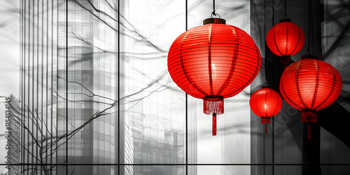 Wallpaper Mural Red Lanterns in Monochrome Cityscape  Torontodigital.ca