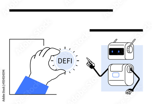 Hand holding a DEFI button approached by a robot. Ideal for blockchain, automation, finance, technology, innovation, cryptocurrency, robotic integration. Line metaphor