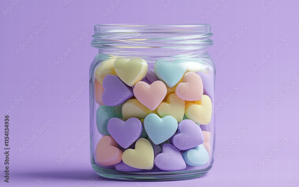 A transparent glass jar filled with pastel-colored heart candies, on a soft lavender background A transparent glass jar filled with pastel-colored heart candies, on a soft lavender background