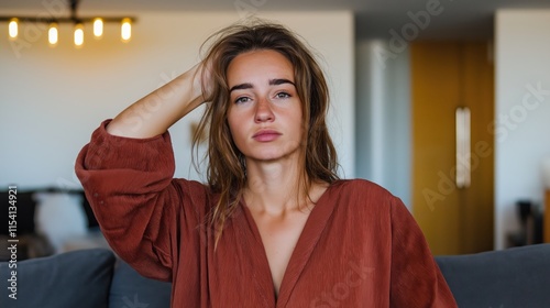 A relaxed White woman sitting on a couch with tousled hair, enjoying a tranquil morning in a stylish home environment