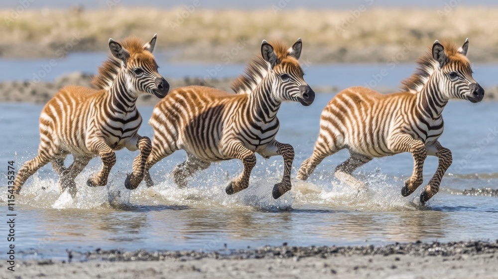 Fototapeta premium Trio of Playful Zebra Foals Splashing Through Shallow Water on a Sunny Day in the African Savanna, Capturing the Joy and Energy of Nature's Youngest Creatures