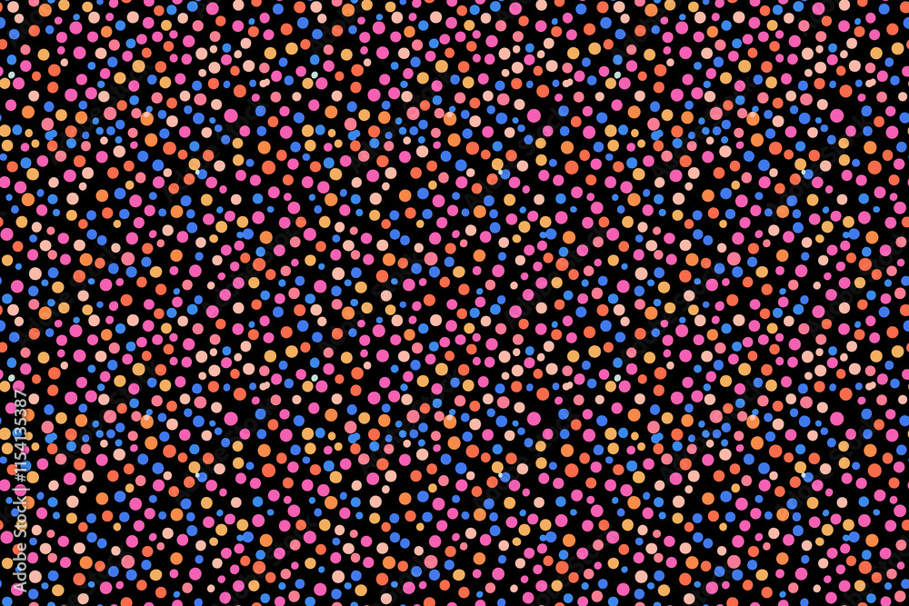 Naklejka premium Multicolor polka dot pattern with small, evenly spaced vibrant dots on a black background. Ideal for playful and retro-inspired designs.