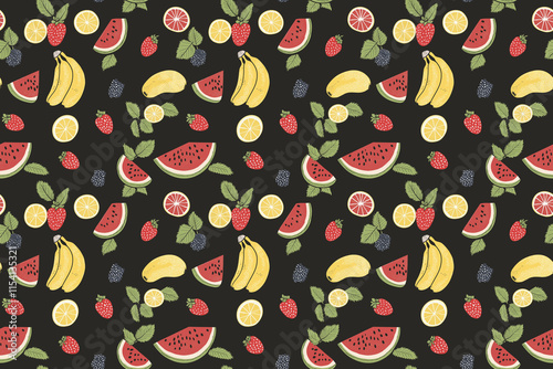 Vibrant seamless pattern of mixed tropical fruits, including bananas, watermelon, and citrus, on a dark black background. Perfect for summer themes. photo