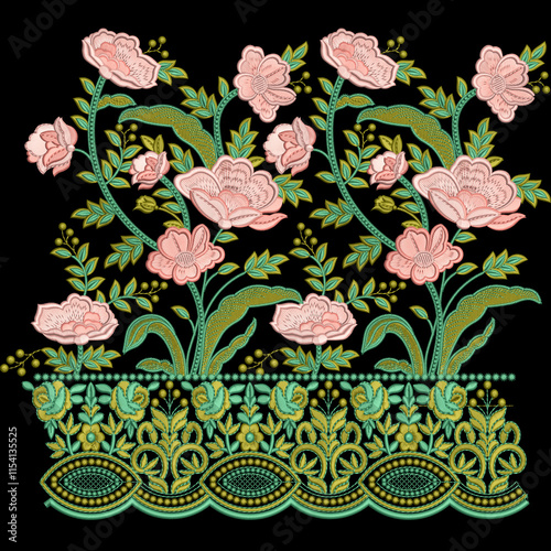 Isolated seamless pattern indian asian embroidery border lace daman design pattern for trendy women wear artwork illustration.