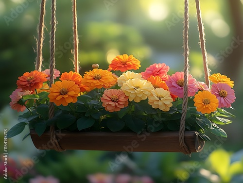 Vibrant Zinnia Flowers Hanging In A Wooden Planter photo