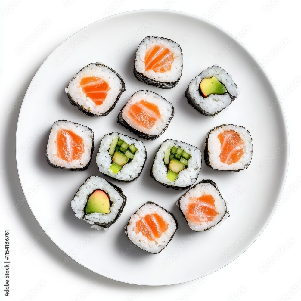 Fresh Sushi Rolls Arranged on a White Plate, Showcasing Vibrant Colors and a Variety of Ingredients at a Casual Dining Setting Fresh Sushi Rolls Arranged on a White Plate, Showcasing Vibrant Colors and a Variety of Ingredients at a Casual Dining Setting