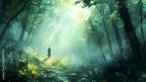 Wallpaper Mural A person walking through a forest trail covered in mist with light shining through representing the unknown future ahead Torontodigital.ca