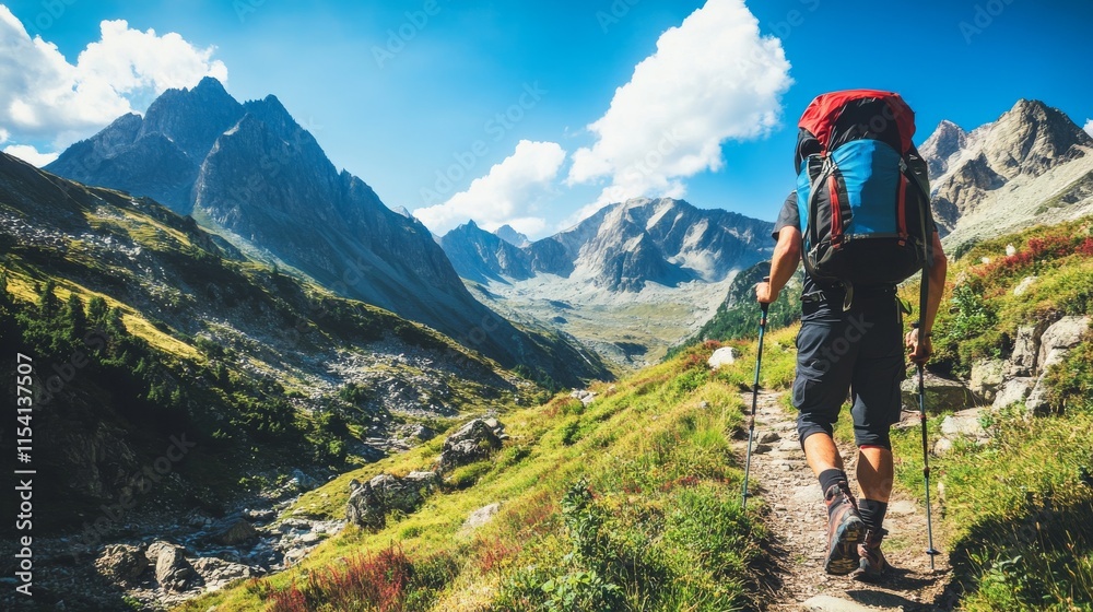 An adventurous hiking trail winding through majestic mountains, Hiking gear neatly prepared, Outdoor exploration style An adventurous hiking trail winding through majestic mountains, Hiking gear neatly prepared, Outdoor exploration style