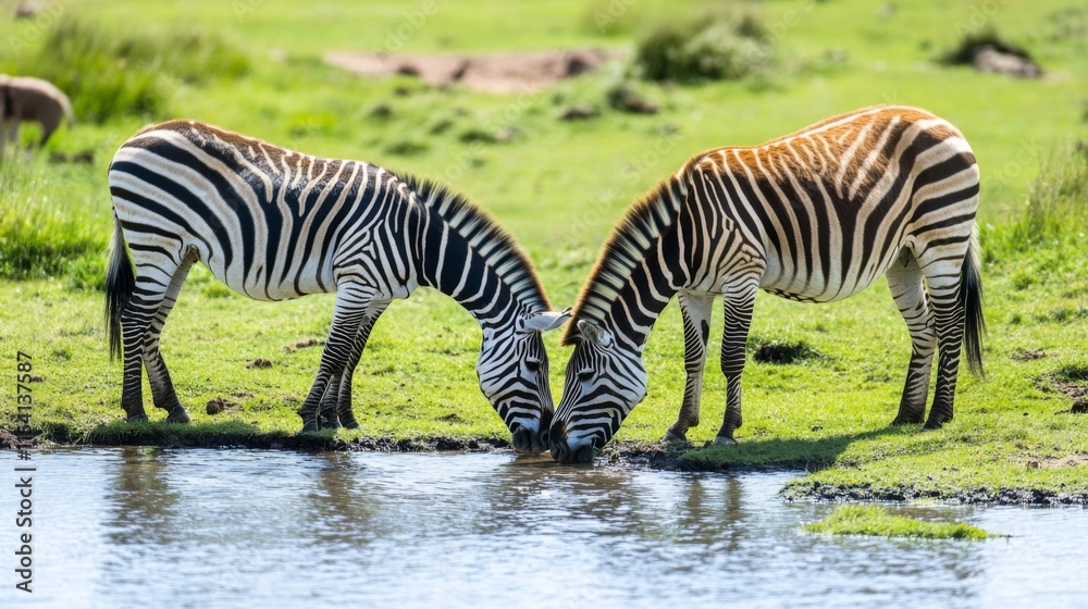 Two Zebras Drinking Water at a Serene Waterhole in the Wild, Surrounded by Lush Greenery and Rolling Hills, Perfect for Nature and Wildlife Enthusiasts Two Zebras Drinking Water at a Serene Waterhole in the Wild, Surrounded by Lush Greenery and Rolling Hills, Perfect for Nature and Wildlife Enthusiasts