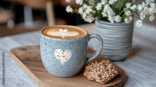 Wallpaper Mural A cozy coffee setting with a heart-patterned latte and delicate flowers creates a warm, inviting atmosphere on a rustic table. Torontodigital.ca