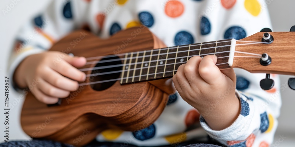 Obraz premium Young child strums a ukulele with focus, wearing a colorful polka-dot sweater, capturing a moment of musical exploration and youthful creativity.