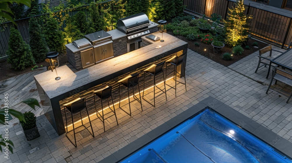 Outdoor kitchen with bar stools, grill, and pool at night. Outdoor kitchen with bar stools, grill, and pool at night.