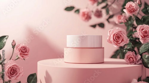 Wallpaper Mural Cosmetic cream jar mockup on podium with pink rose decoration. Concept for Beauty product commercial, Elegant, Luxurious Torontodigital.ca