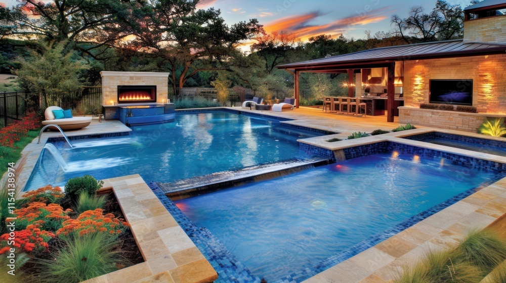 Luxurious backyard oasis with infinity pool, spa, fire feature, and outdoor kitchen at sunset. Luxurious backyard oasis with infinity pool, spa, fire feature, and outdoor kitchen at sunset.