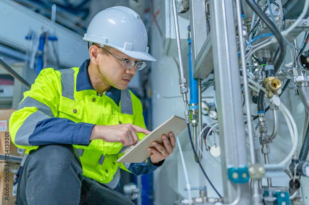 Asian electric engineer holding clipboard for checking and monitoring the electrical system in the control room,Technician thailand people working Asian electric engineer holding clipboard for checking and monitoring the electrical system in the control room,Technician thailand people working