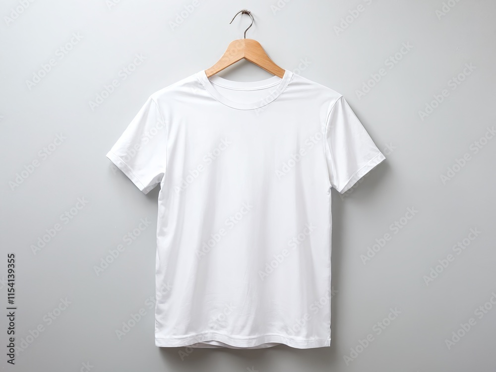 Simple white t-shirt displayed on wooden hanger against a plain gray wall in a minimalist setting Simple white t-shirt displayed on wooden hanger against a plain gray wall in a minimalist setting