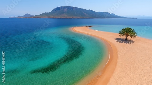 Lonely palm tree on a crescent beach with turquoise water and island backdrop. photo