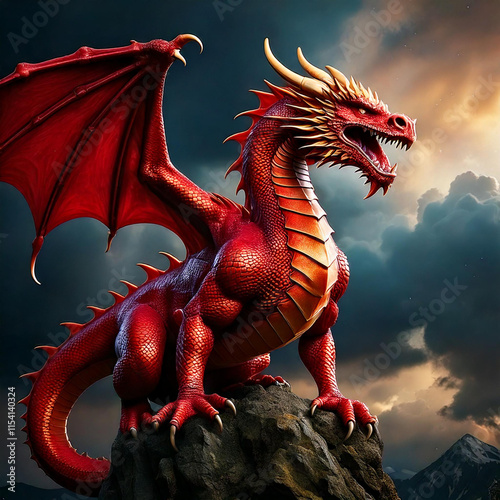 Majestic Red Dragon Awaits on a Rocky Peak During a Storm