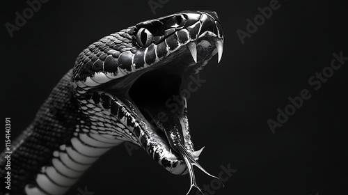 Monochrome Snake with Open Mouth Showing Fangs in Dramatic Black and White photo