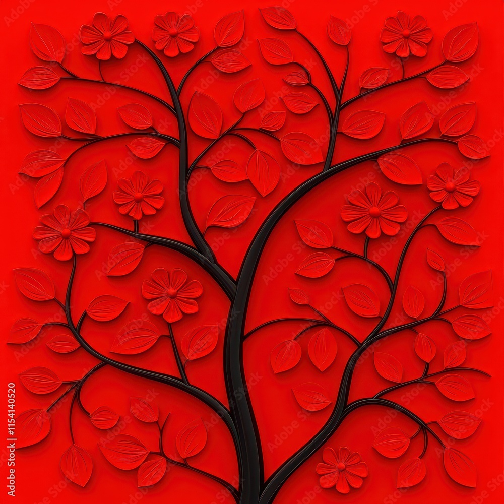 A vibrant red background features a stylized black tree with blooming flowers and leaves, creating a striking and artistic contrast. A vibrant red background features a stylized black tree with blooming flowers and leaves, creating a striking and artistic contrast.