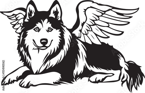 Alaskan Malamute with Angel Wings Stylized Vector Illustration Graphic