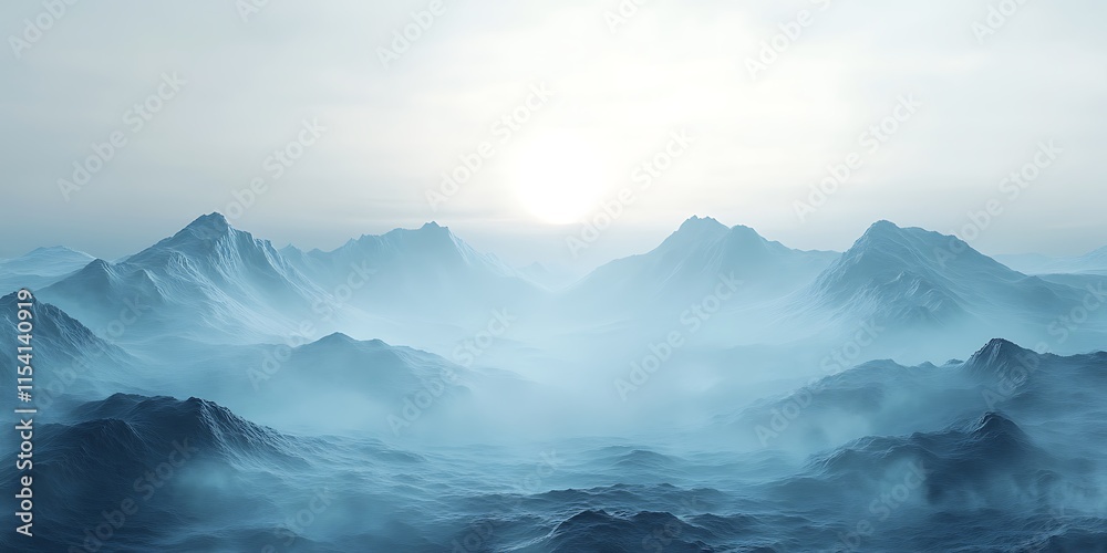 Fototapeta premium A misty blue mountain range under a pale morning light.