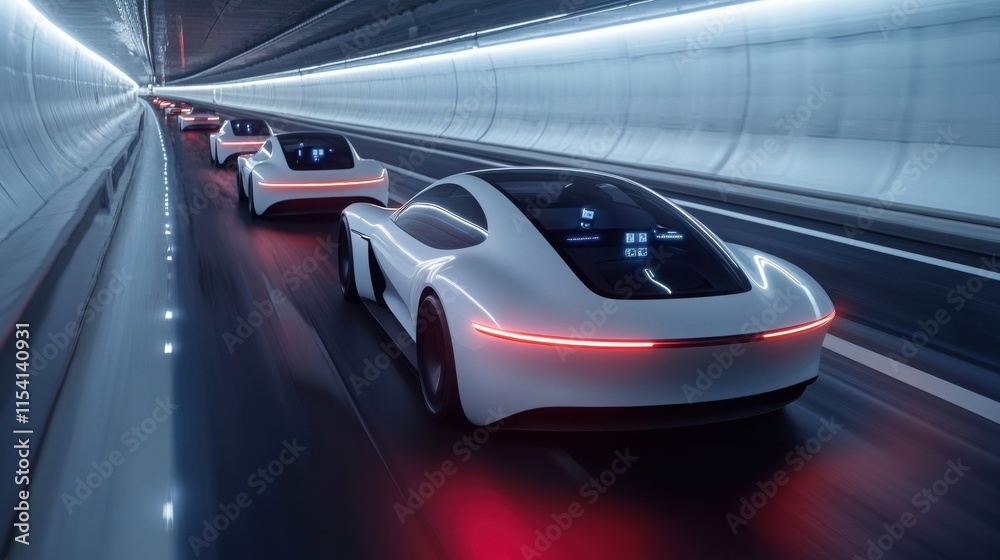 Fototapeta premium Autonomous Electric Cars Driving on a Modern Highway Through a Green Landscape