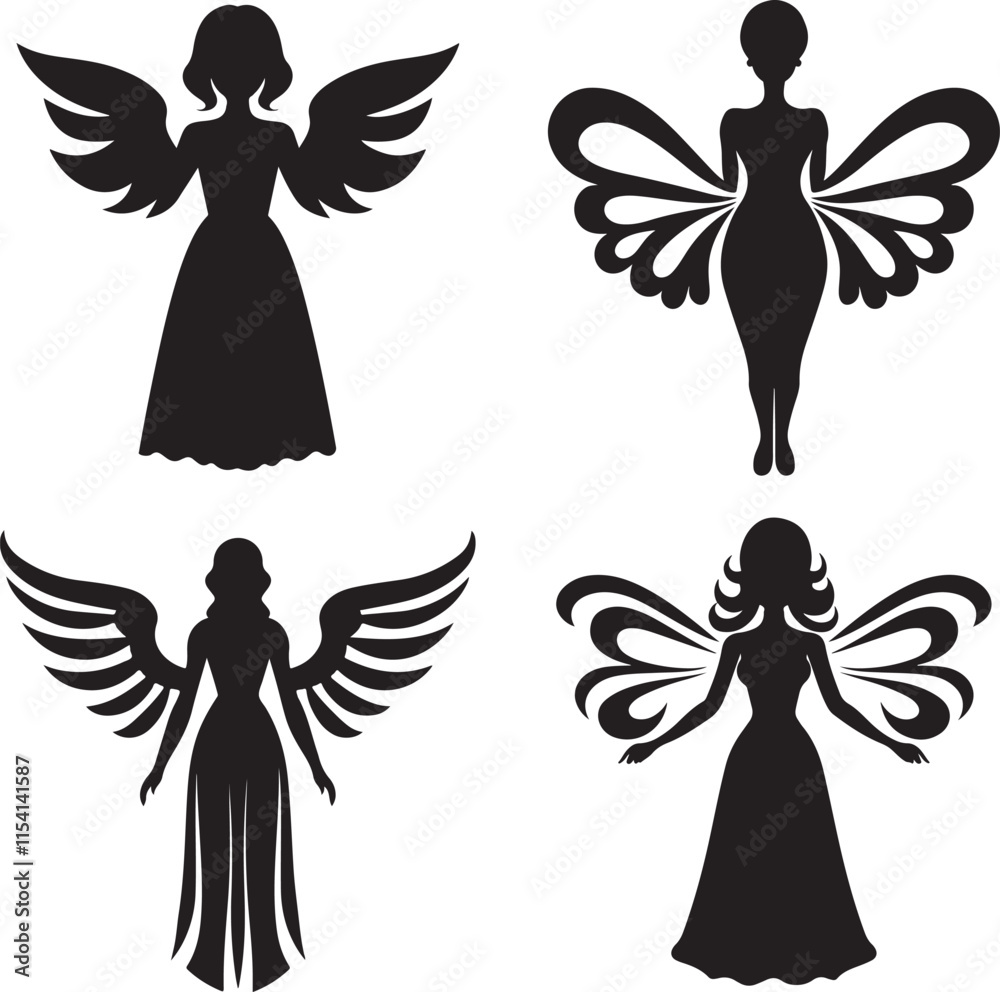 Fototapeta premium Angel Wings People Silhouette Set Vector Illustration Graphic